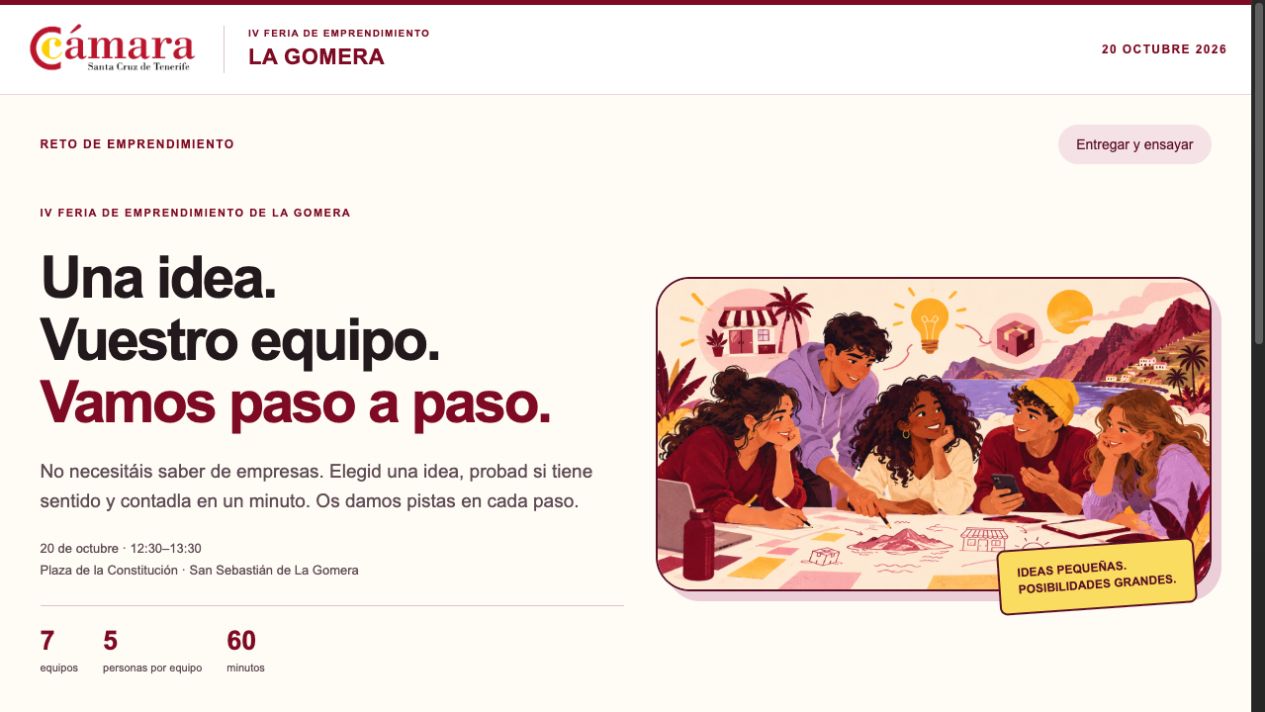 Captura real de la aplicación Reto La Gomera, con instrucciones para crear y presentar una idea en equipo